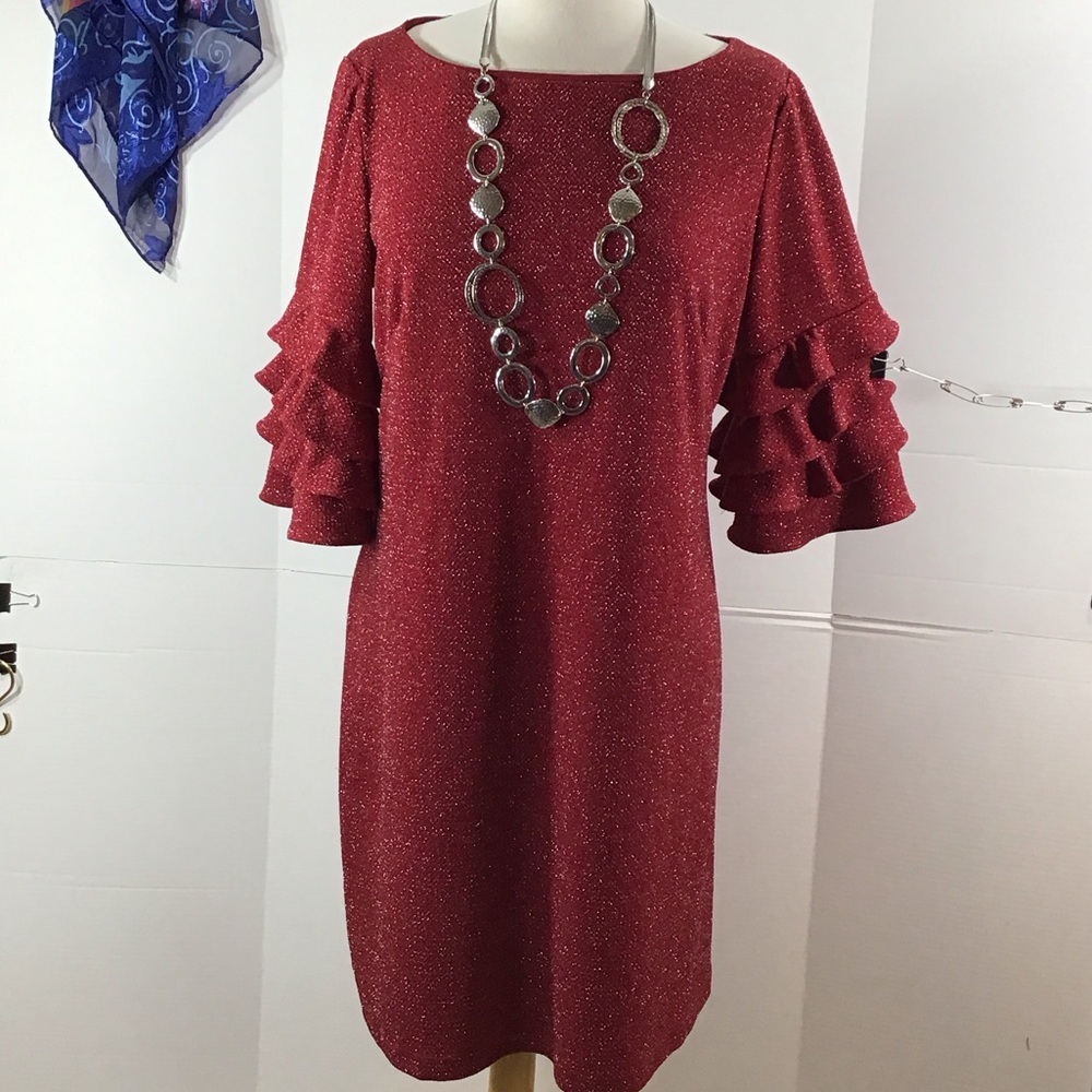 Gabby Skye Sparkling Red silver Ruffle Sleeve Dress 12